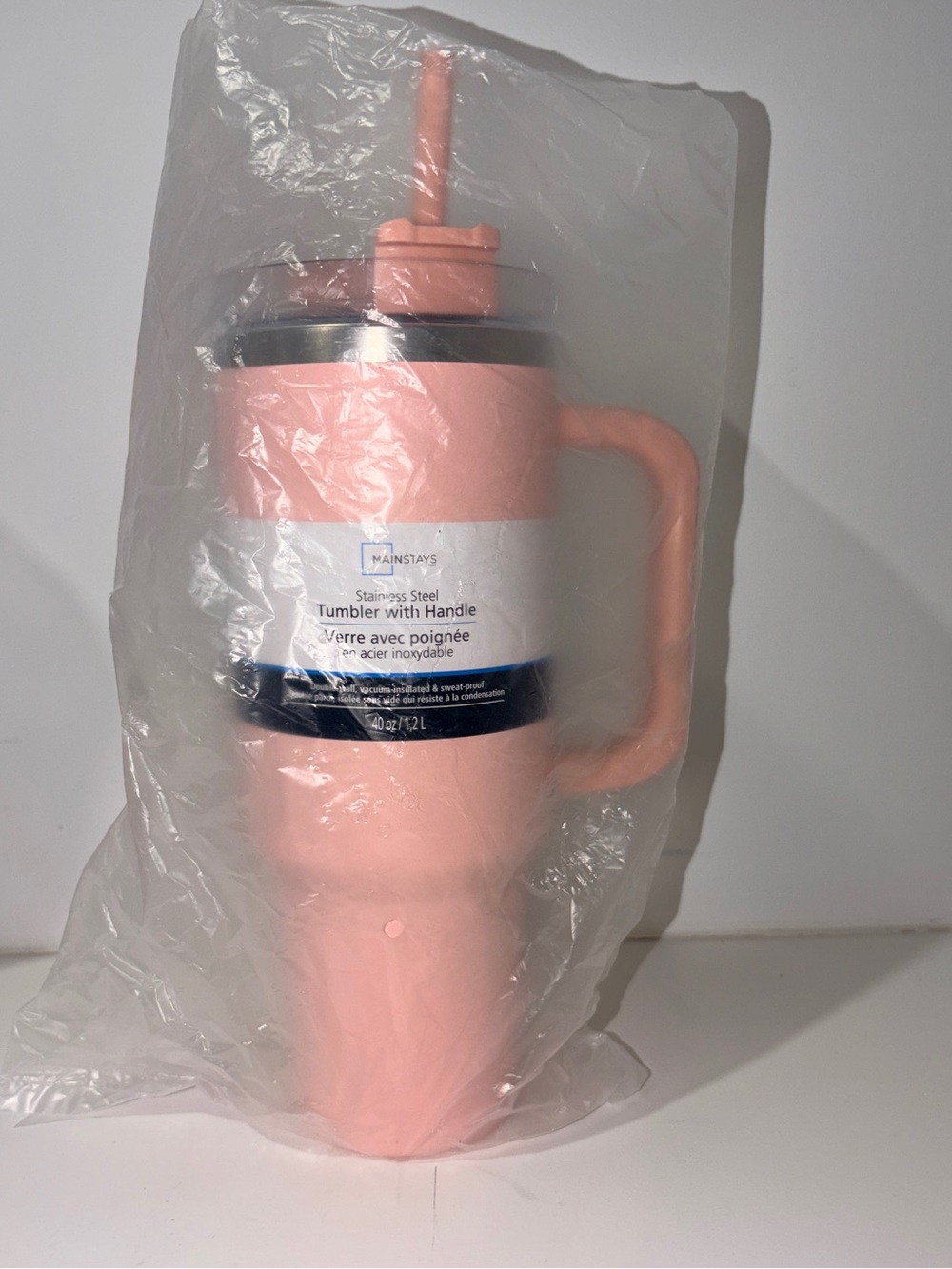 Mainstays 40oz Blush Pink Stainless Steel Tumbler With Handle & Straw NWT - Picture 3 of 4